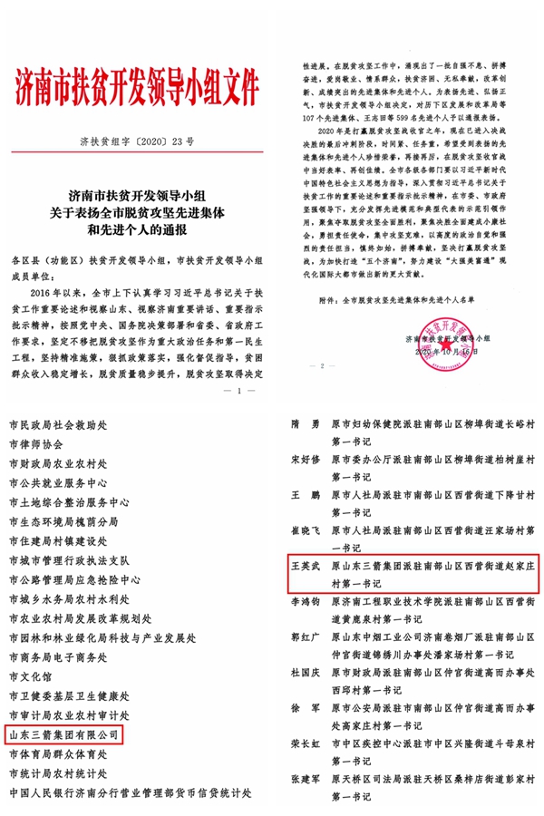 山東三箭集團(tuán)和第一書(shū)記分別榮獲全市脫貧攻堅(jiān)先進(jìn)集體和先進(jìn)個(gè)人稱號(hào)